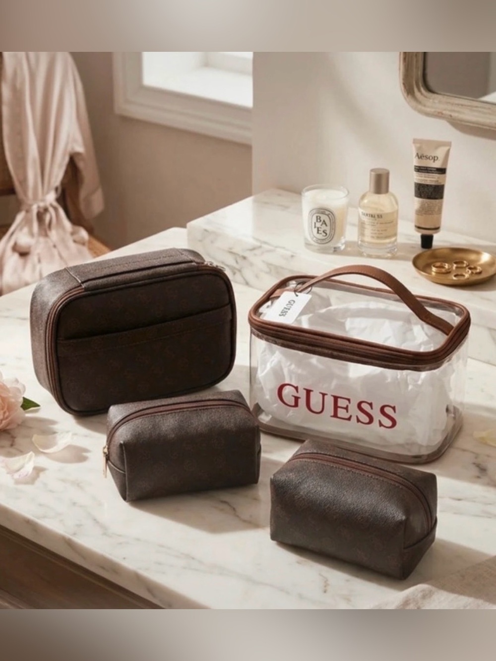 GUESS Clear Cosmetic Carry Bag with Brown Trim and Matching Brown Pouches